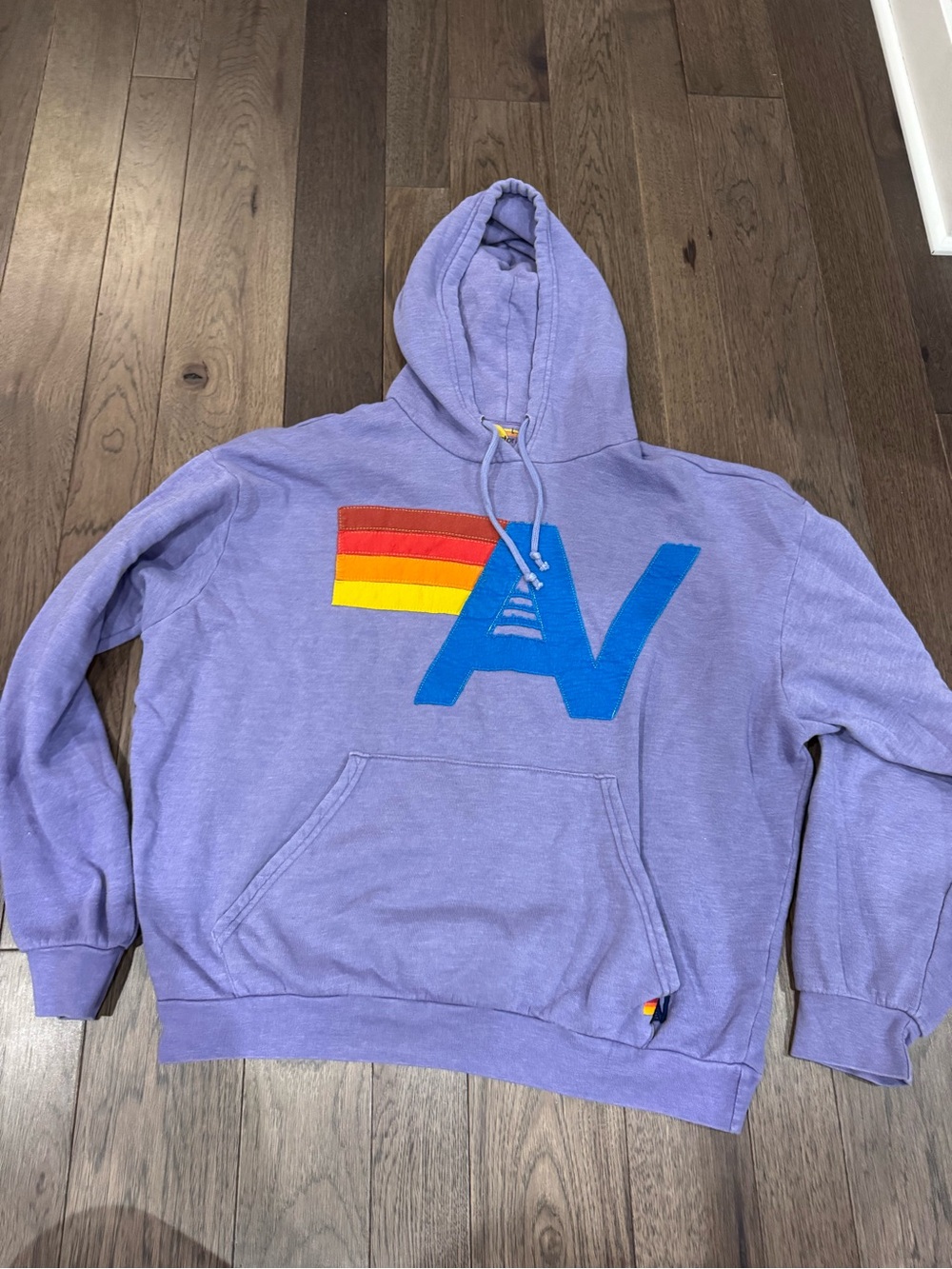 Aviator Nation Lavender Hoodie with Blue AV and Rainbow Stripes